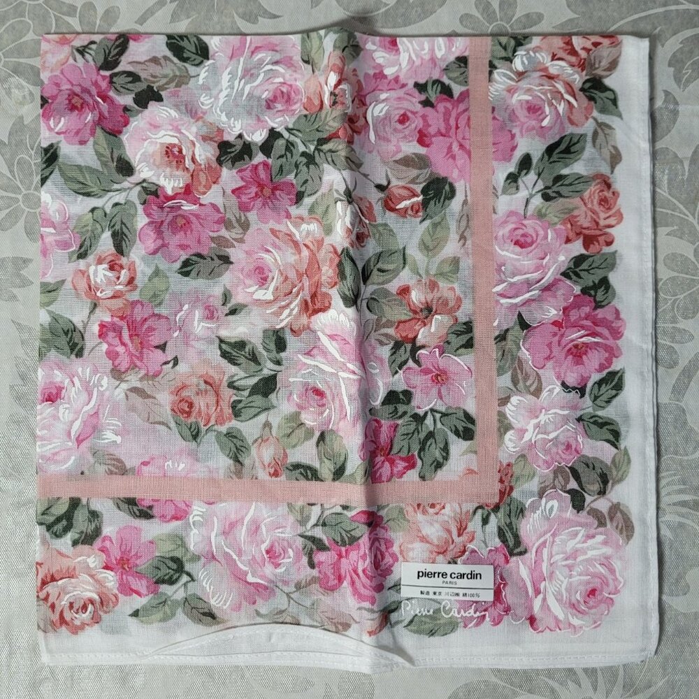 NWT Pierre Cardin Pink Floral Cotton Handkerchief 16.5" Vintage 80s